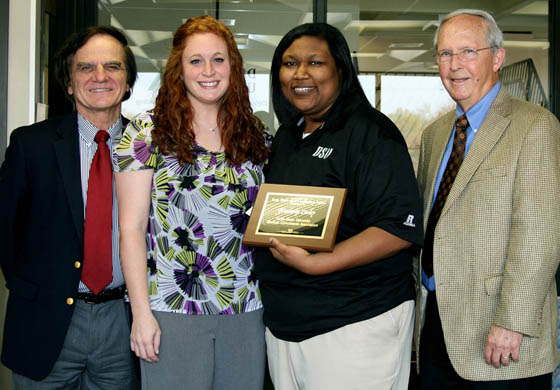From left to right,  Dr. James Robinson, professor emeritus of history and ardent support of Delta State staff, Emily Hearn, SGA president, Kimberly Cooley, award recipient, and Dr. Kent Wyatt, president emeritus and name sake of the award for his distinguished service to the University.